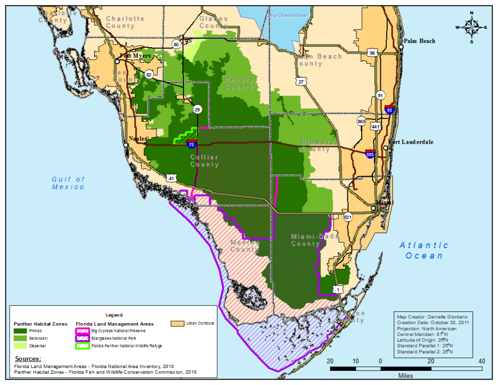 Map depicting panther habitat for the critically endangered Florida panther (Wikipedia)